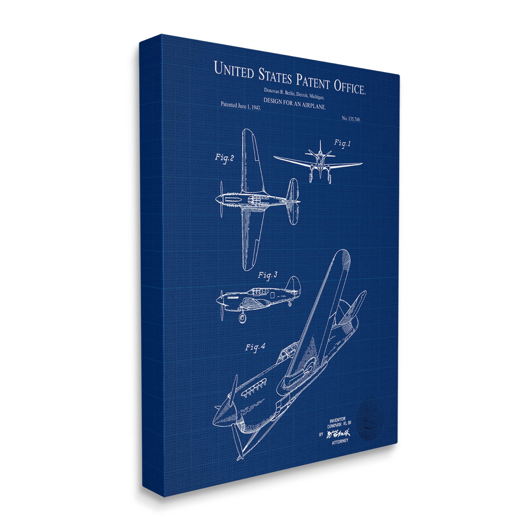 Stupell Industries Vivid Aircraft Blueprint Patent Graphic Art Gallery Wrapped Canvas Print Wall Art, Design by Karl Hronek