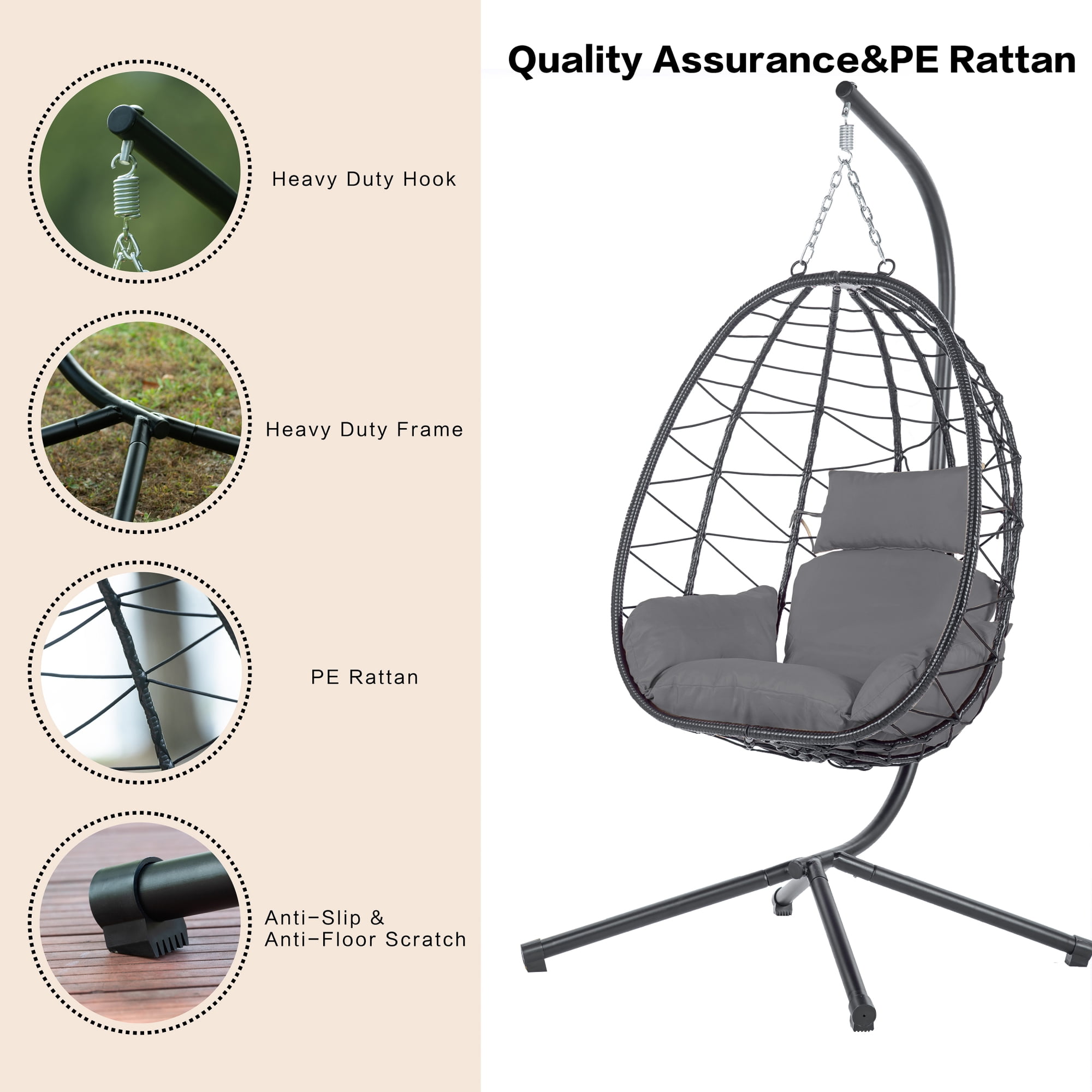 Egg Chair with Stand, Indoor Outdoor PE Wicker Hanging Egg Chair, Patio Swing Chair Basket Chair Hammock Chair with Stand for Bedroom Living Room Balcony, Dark Gray
