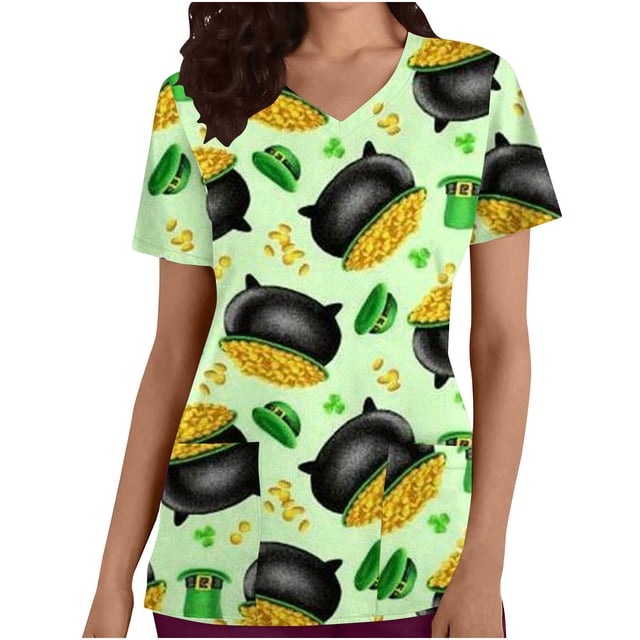 LSLJS St. Patrick's Day Haut d'Infirmière à Manches Courtes Imprimé avec Poche et Col en V pour Femmes, Blouses Médicales pour Femmes