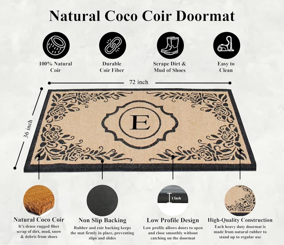 A1HC Natural Coir Monogrammed Floral Door Mat, 36"x72", Durable Anti-Shed Outdoor Door Mat, Heavy-Duty, Low-Profile, Easy to Clean