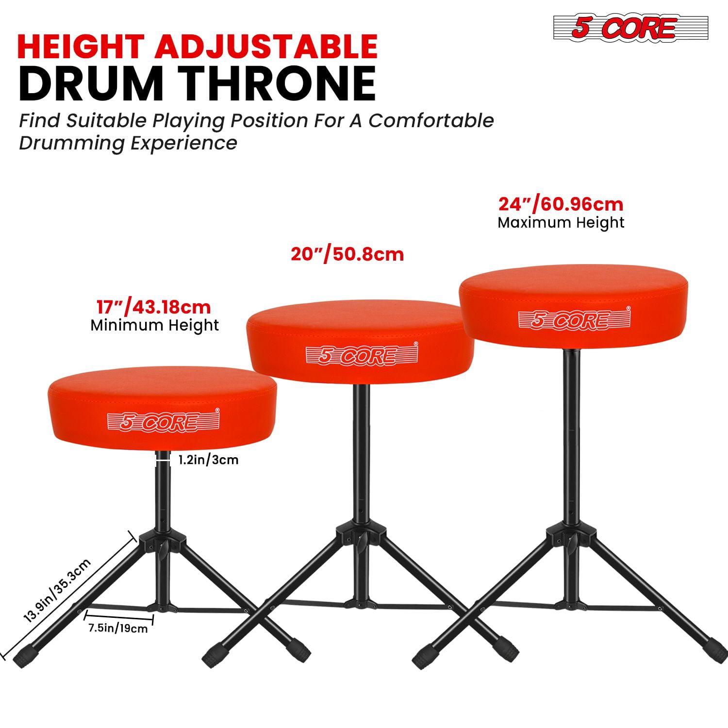 5 CORE Drum Throne 3 Inch Padded Comfortable Guitar Stool 330Lb Capacity Adjustable to 22" Drummer Seat for Adults and Kids Orange - DS 01 ORG