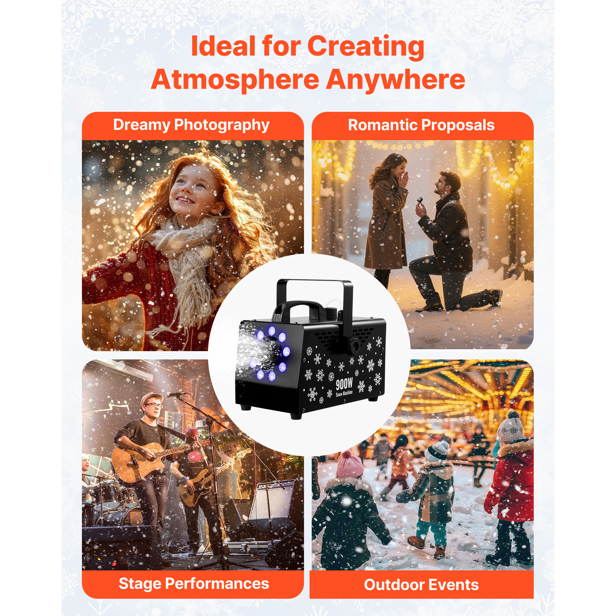 KFFKFF 900W Snow Machine with 9 LED RGB Lights, 12 Color Options, and Wireless Remote, Versatile Handheld or Hanging Design, 1L Tank for Outdoor Snow Effects at Christmas Parties