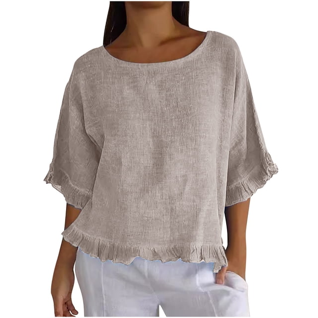 Plebaso T-Shirts en Coton et Lin pour Femmes Manches à Volants Col Rond Tee-Shirts Couleur Unie Légers Hauts