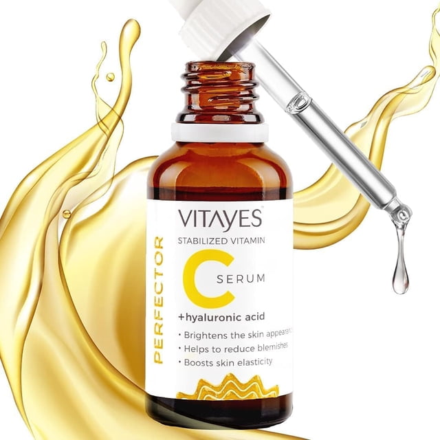 VITAYES Suero facial con vitamina C, suero antienvejecimiento con ácido hialurónico, hidratante e iluminador de la piel para manchas oscuras, líneas finas y arrugas, 1 oz.