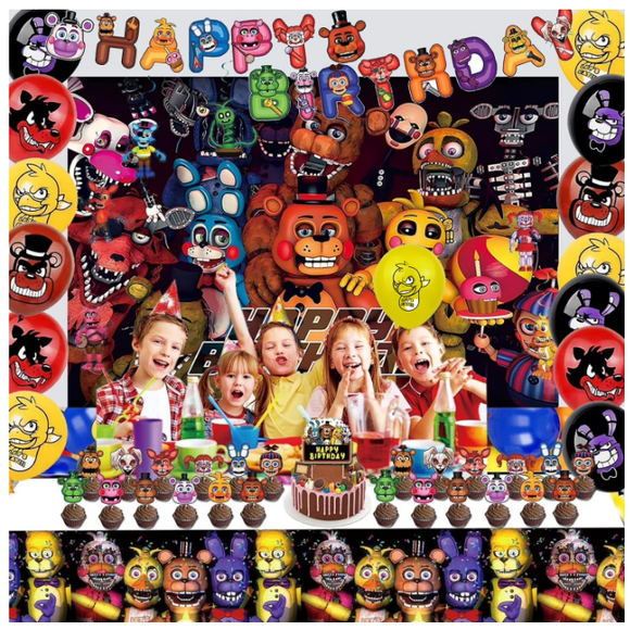Nights Freddy's Party Decorations Five Freddy's Happy Birthday Party Supplies Set include Banner , Balloons, Cake Cupcake Toppers, Freddy's Background, Tablecloth