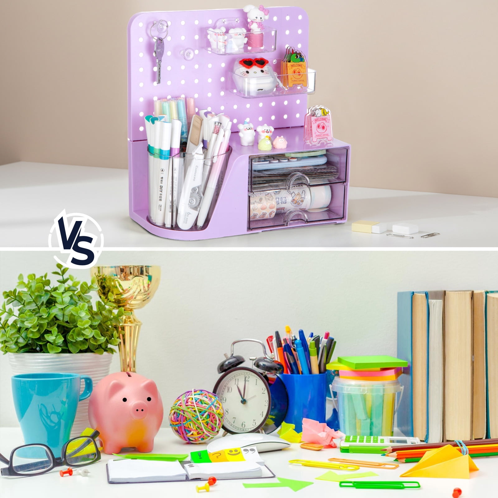 Vivin Desk Organizer, Small 2 Drawer Unit and Pen Holders, Multi-Purpose Pegboard organizer For Home Office, Purple
