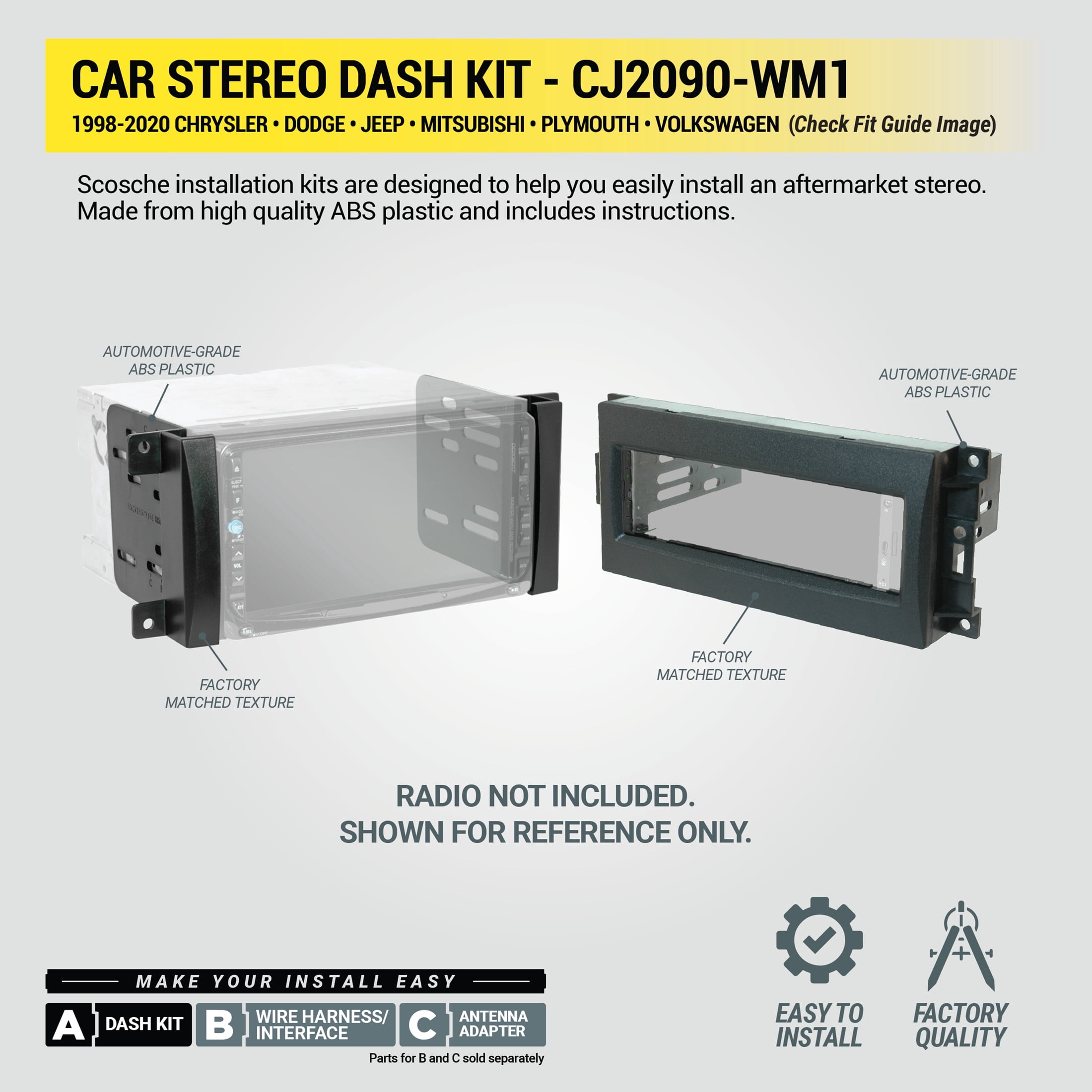 Scosche Double or Single DIN Dash Kit Compatible w/ ‘98-20 Chrysler/Dodge/Jeep/Mitsubishi/Plymouth/VW  Cars & Trucks CJ2090