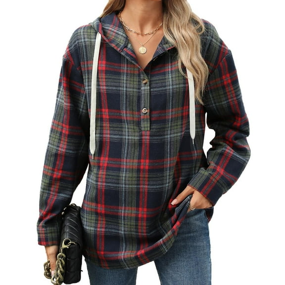 Erwazi Womens Long Sleeve Hooded Tops Plaid Shirts Casual Loose Pullover Lightweight Hoodie
