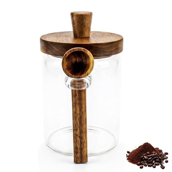 Glass Coffee Canister with Airtight Wooden Lid and Spoon, 20.3oz Food Storage Jar for Coffee Beans & Grounds, Tea, Sugar, Kitchen Pantry Organization