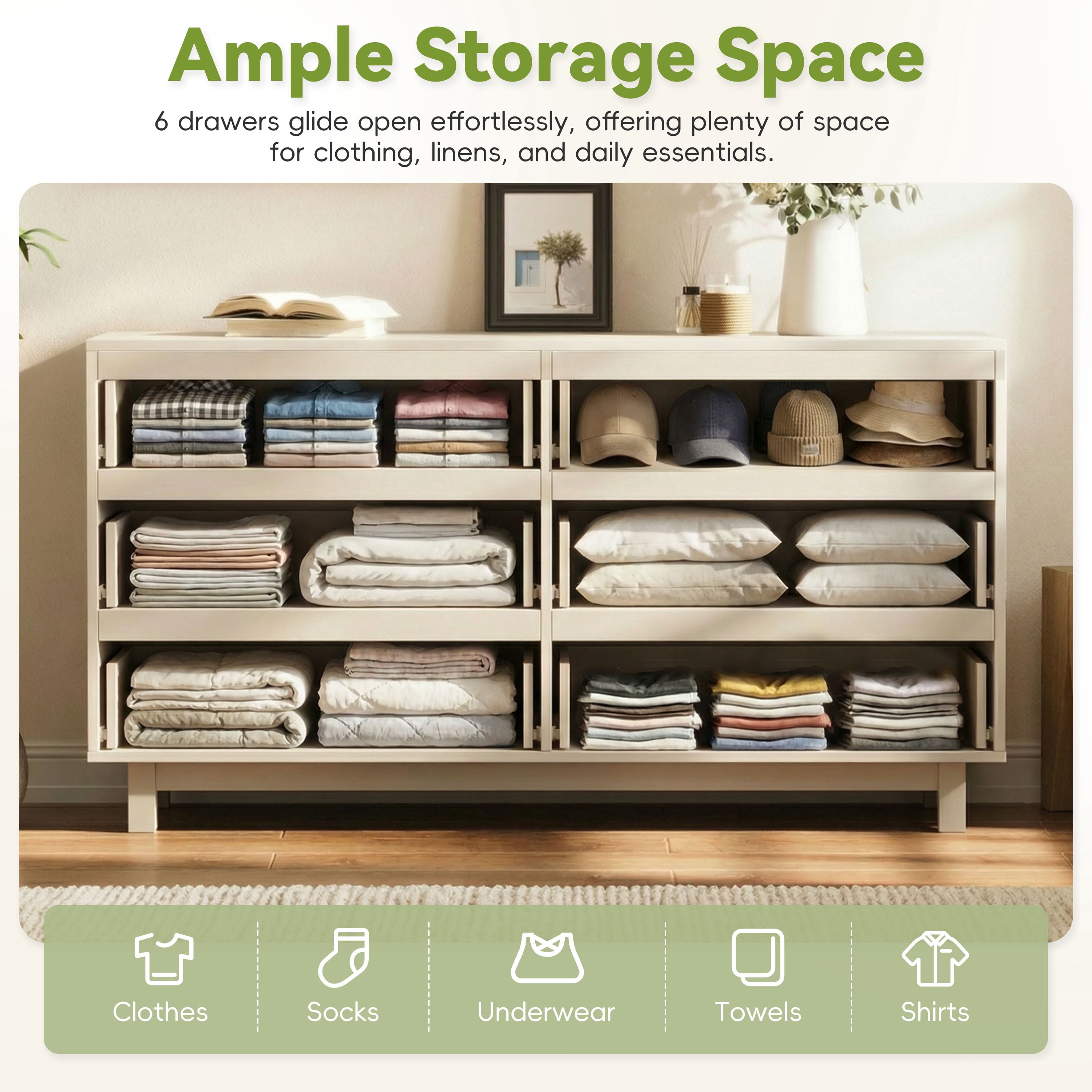 Alvantor 6 Drawer Dresser, 60" Wide Wooden Chest of Drawers, Fluted Dresser for Bedroom Ivory