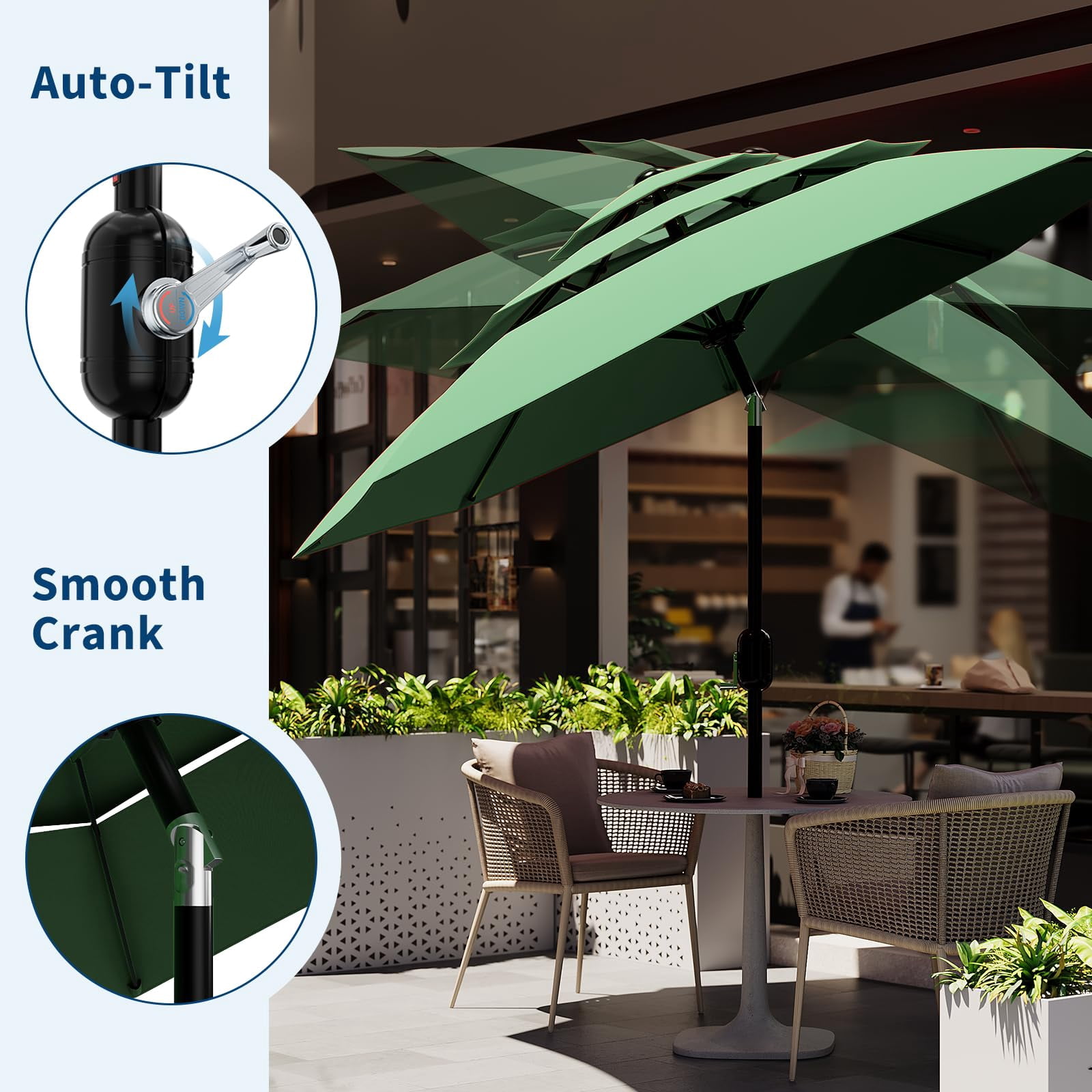 QinaQin Vented Patio Umbrella,8 Sturdy Ribs,Easy Crank & Tilt,Outdoor Market Table Parasol,Dark Green