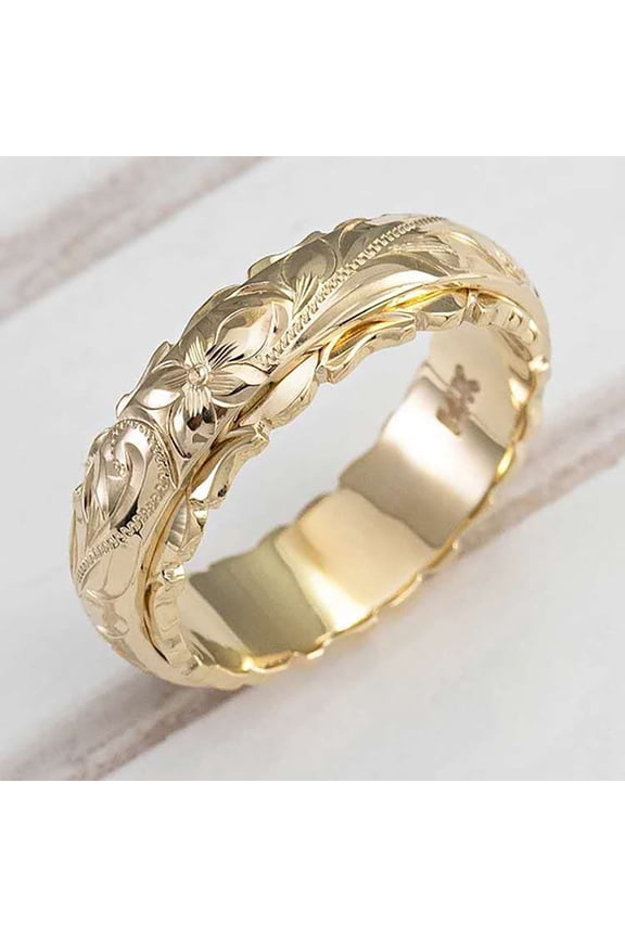 Engraved Plumeria Flower Ring, 14K Gold Plated Hawaiian Princess Plumeria Flower Scroll Promise Ring Stackable Wedding Engagement Band Jewelry for Women or Men Gold Size 9