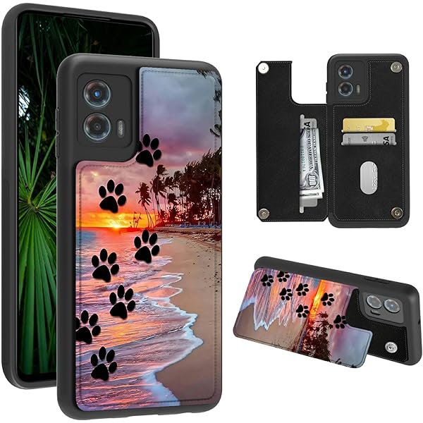 wonima11 for Moto G 5G 2023 Wallet Case with Credit Card Holder for Women Men, Dual Laye Shockproof Protective Soft Silicone Kickstand Rugged Cases for Motorola Moto G 5G 2023, Dog Paw Print Beach