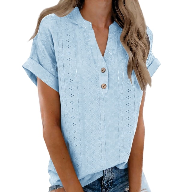 TaTaai Women’s Casual Pa Collar V Neck Button Blouse Short Sleeve Loose Fit Solid Color Printless T Shirts Soft Polyester Summer Holiday Wear Gift
