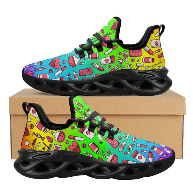 Zapatos planos negros con dibujos de enfermera para mujer, zapatillas cómodas con cordones y malla de aire para caminar