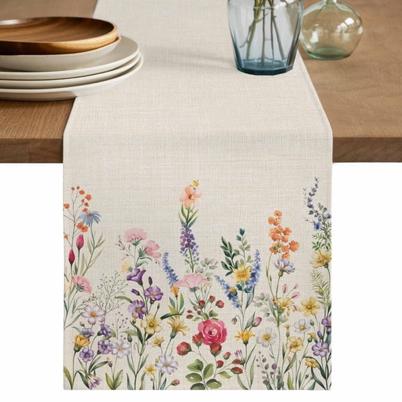 Watercolor Wildflowers Table Runner 90 Inches, Farmhouse Botanical Flowers Herbs Bed Runner Dresser Scarves Tabletop for Indoor Outdoor Parties/Ceremony/Banquet, 13" x 90"