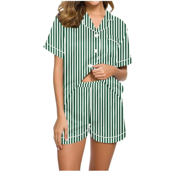 YWDJ Womens Pajama Sets Shorts and Short Sleeve Green Lightweight Striped Button Down Shirts 2 Piece Shorts Loungewear S