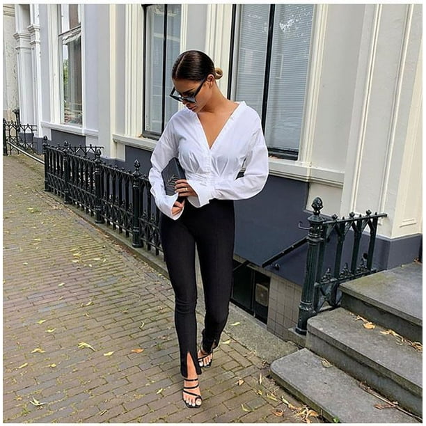 Women Black Front Slit Pants Chic Fashion Office Lady Long Straight Trousers  Elastic High Waist Pencil Loose Trousers Jumpsuits