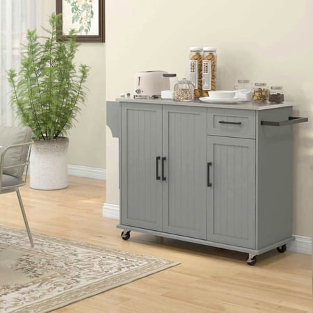 Spaco Kitchen Island with Wheels and Stainless Steel Countertop Kitchen Island on Wheels with Drawer and 3 Cabinets Kitchen Island for Indoor as Kitchen Bar Dining Room Gray