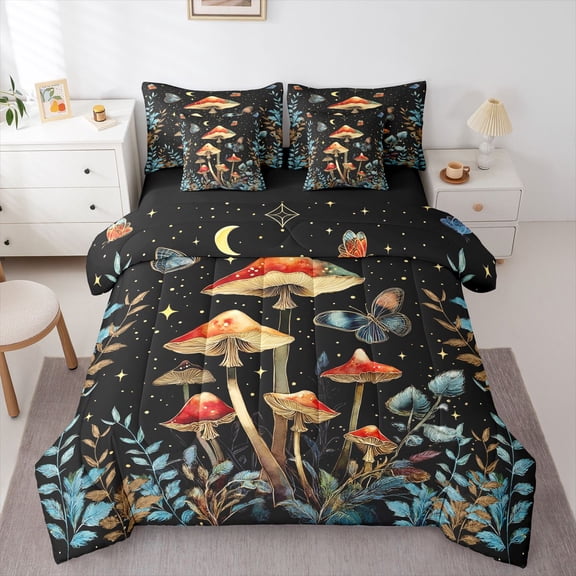 Manfei Mushroom Butterfly Twin Bedding Sets 7-Piece for Boys Girls,Bohemian Theme Bedding Comforter Set Microfiber,Starry Sky Breathable Sheet Sets,Super Cozy Room Decor,Reversible