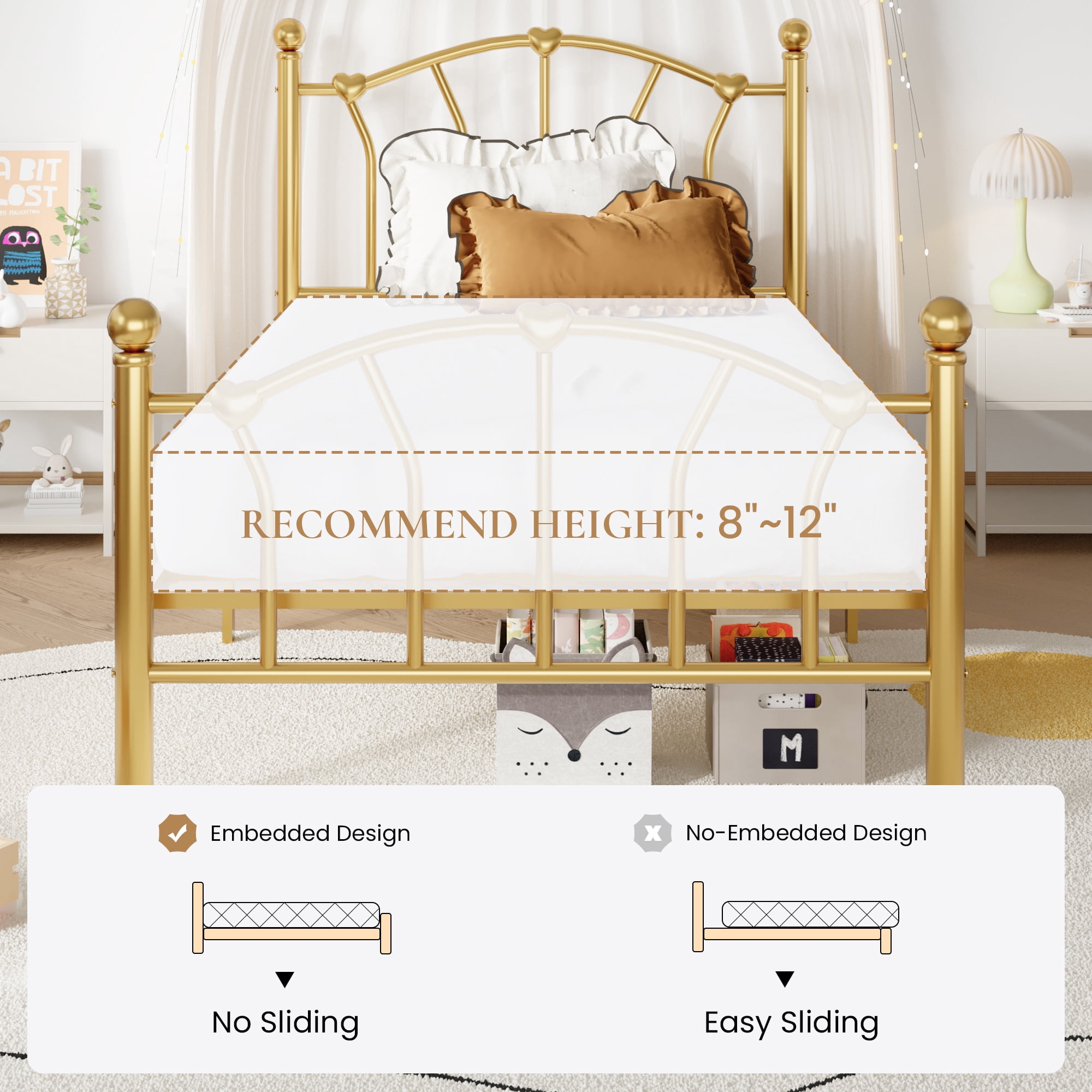 SHA CERLIN 14 Inch Twin Size Metal Platform Bed Frame with Heart Shaped Iron-Art Headboard/Footboard, Under Bed Storage, Noise Free Mattress Foundation, Easy Assembly, Gold