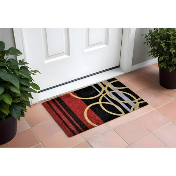 HomeRoots 555519 18 x 30 in. Black & Red Coir Striped Outdoor Door Mat
