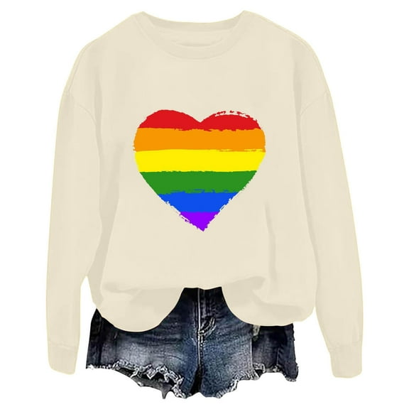 Goodeals Clearance Deals,Sweatshirts for Women Color Block Graphic Pullover Tops Funny Heart Print Shirts Trendy Crewneck Fleece Sweatshirt(Beige,S)