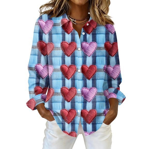 Kixjoy Collared Shirts for Women Long Sleeve Button Down V Neck Shirt Dressy Lounge Valentine Tunic Top Lightweight Cozy Womens T Shirts, Dark Blue L