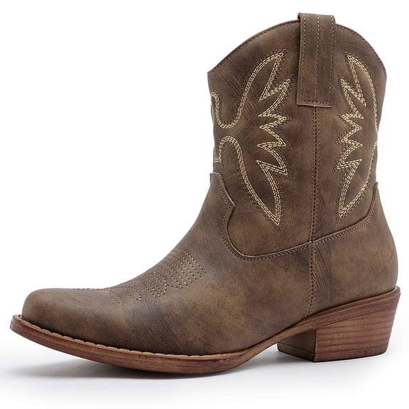 GLOBALWIN Square Toe Brown Cowboy Boots For Women Western Boots With Low Heel Ankle Boots Size 7M
