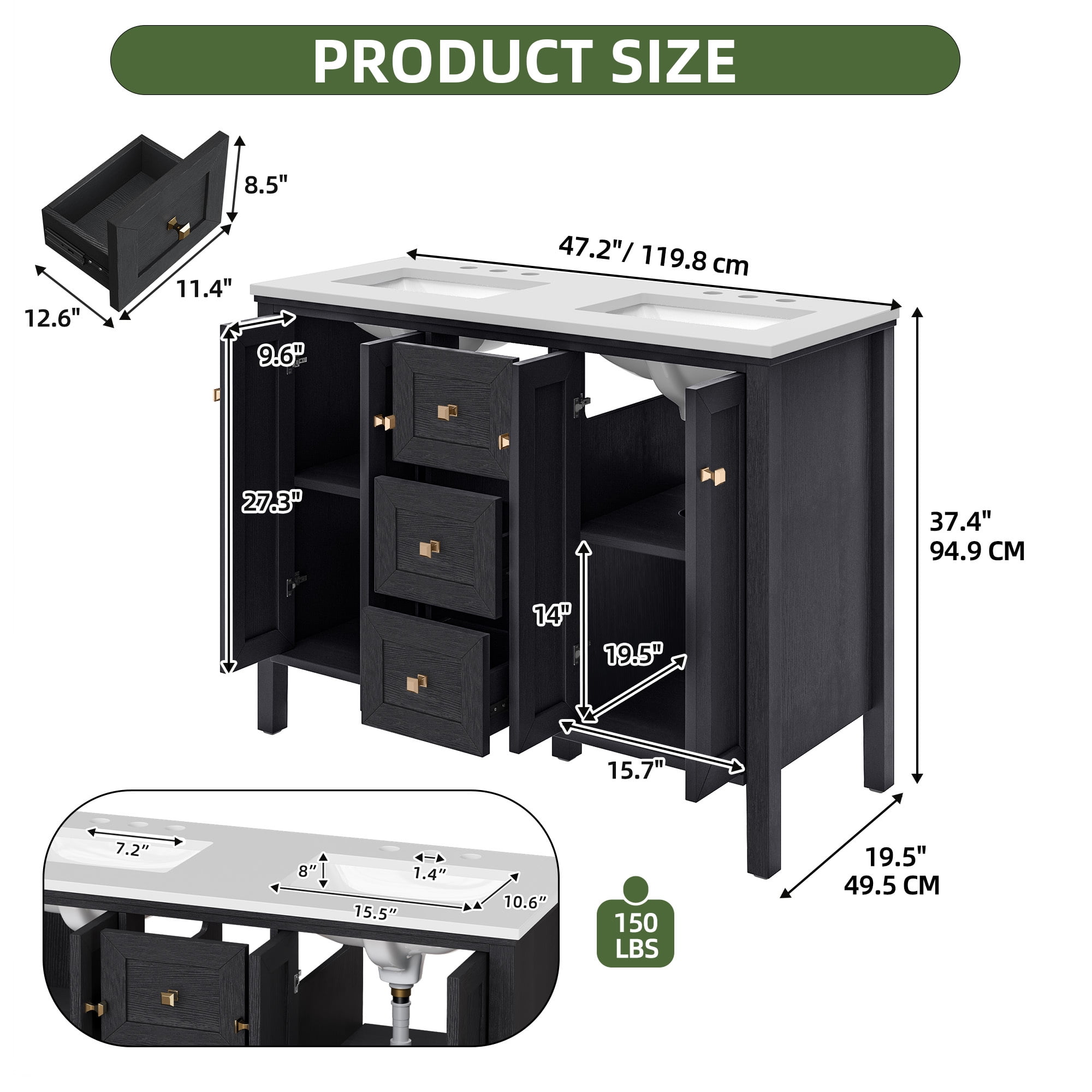 Uforic 47 Inch Bathroom Vanity with Double Sink, Retro Style, Sintered Stone Countertop, 4 Doors & 3 Drawers, 6 Pre-drilled Faucet Holes, Black