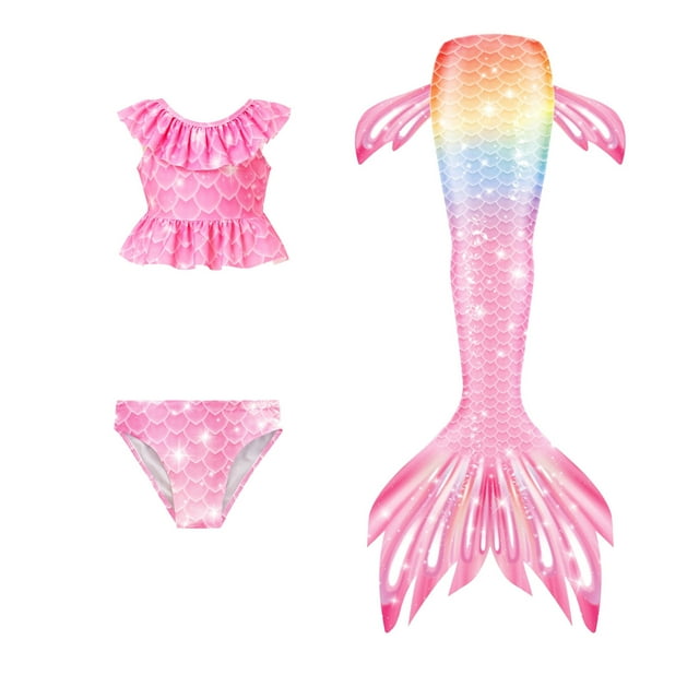 Maillot de Bain Fille Mode Imprimé Coloré Volants Hauts Slips Queue de Poisson Ensemble Maillot de Bain Fille Rose 10-11 Ans