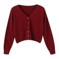 thumbnail image 4 of Arnsht Womens Solid Color Deep V Neck Cardigan Sweaters Open Front Button Down Long Sleeve Cropped Knit Coats Red Free Size, 4 of 5