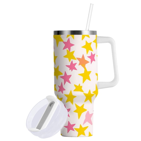 Yayeee 40oz Stainless Steel Tumbler with Straw and Handle Double-Wall Insulated Travel Water Bottle, White Stars Pattern