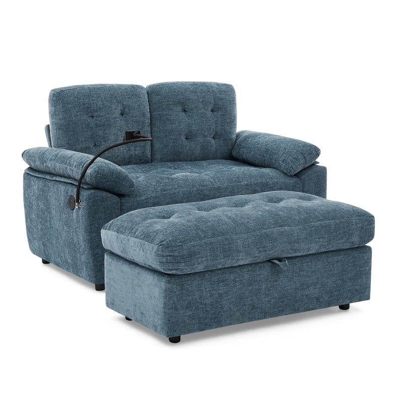 Double Sofa Recliner with Storage Ottoman, Manual Adjustable Reclining Loveseat with USB Charging Port, Phone Stand, and Soft Padded Armrests for Living Room, Apartment, and Home Theater