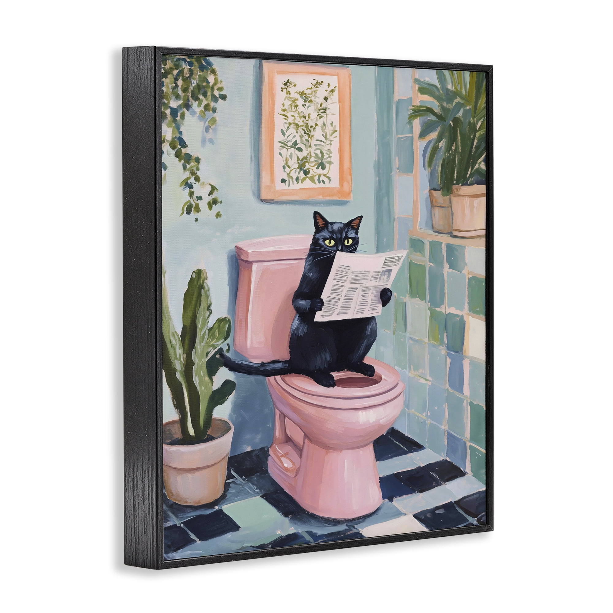 Stupell Industries Cat Reading on Pink Toilet Black Framed Giclee Art, design by The Prints Vibe