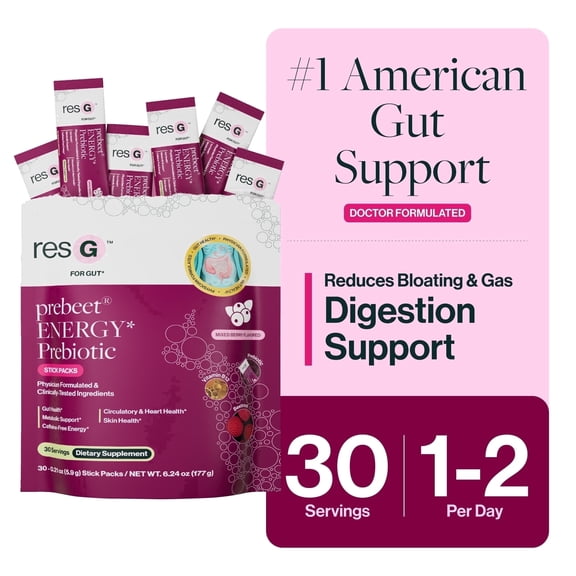 resbiotic resG Prebeet Energy Prebiotic Fiber Drink Mix with Vitamin B12 for Digestive Support, 30 Stick Packs