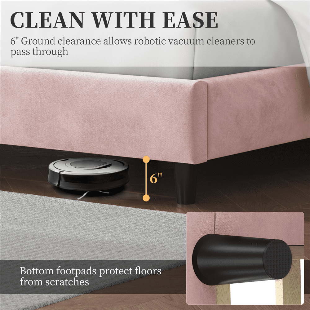 Fullfurnique Upholstered Platform Bed Frame with Wooden Slat Support, Queen, Pink