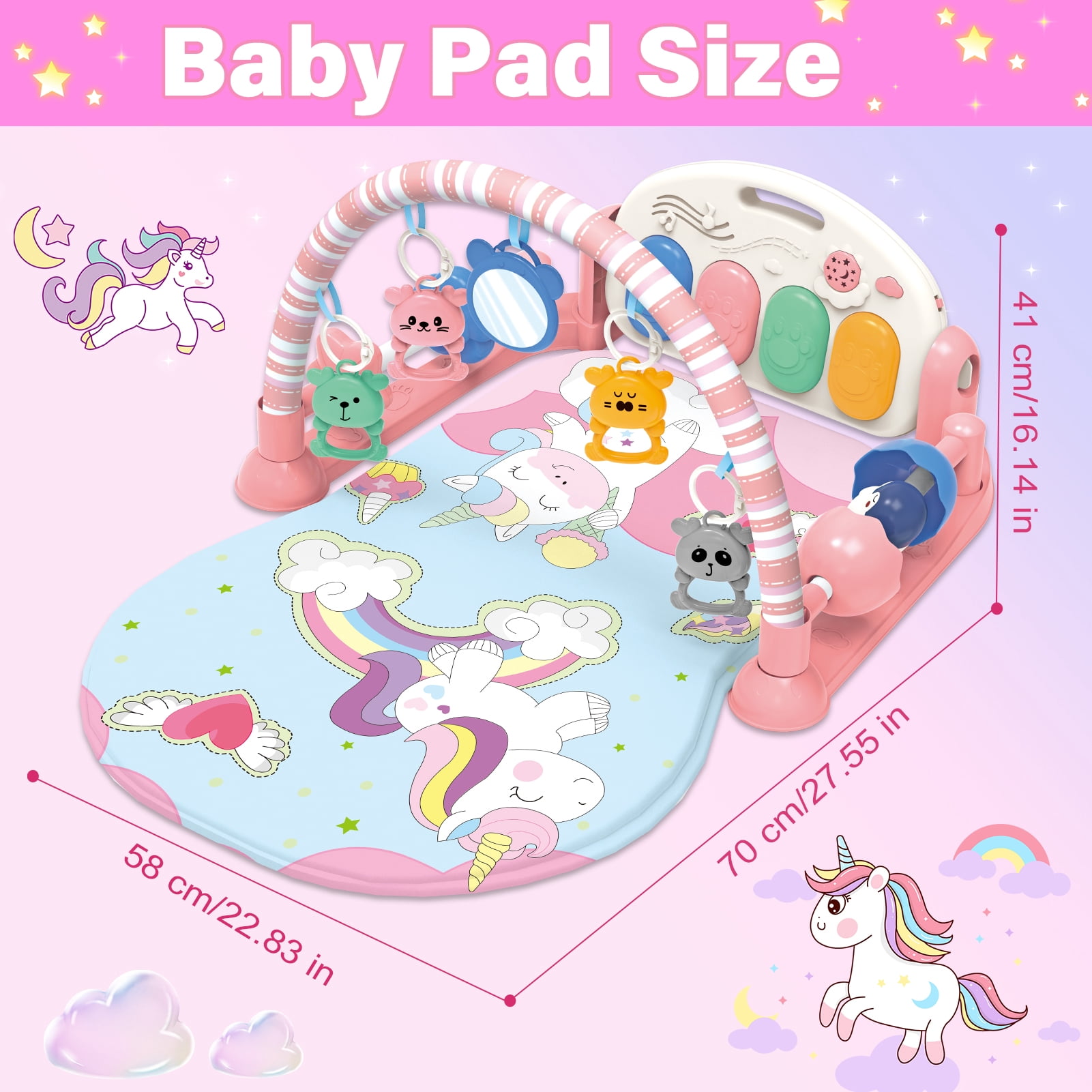 LINXUXIE 2 in 1 Baby Gym Playmat with Music and Lights,Infant Tummy Time Mat with 5 Sensory Montessori Toys & Mirror,Newborn Gifts for 0-3 6-12 Month