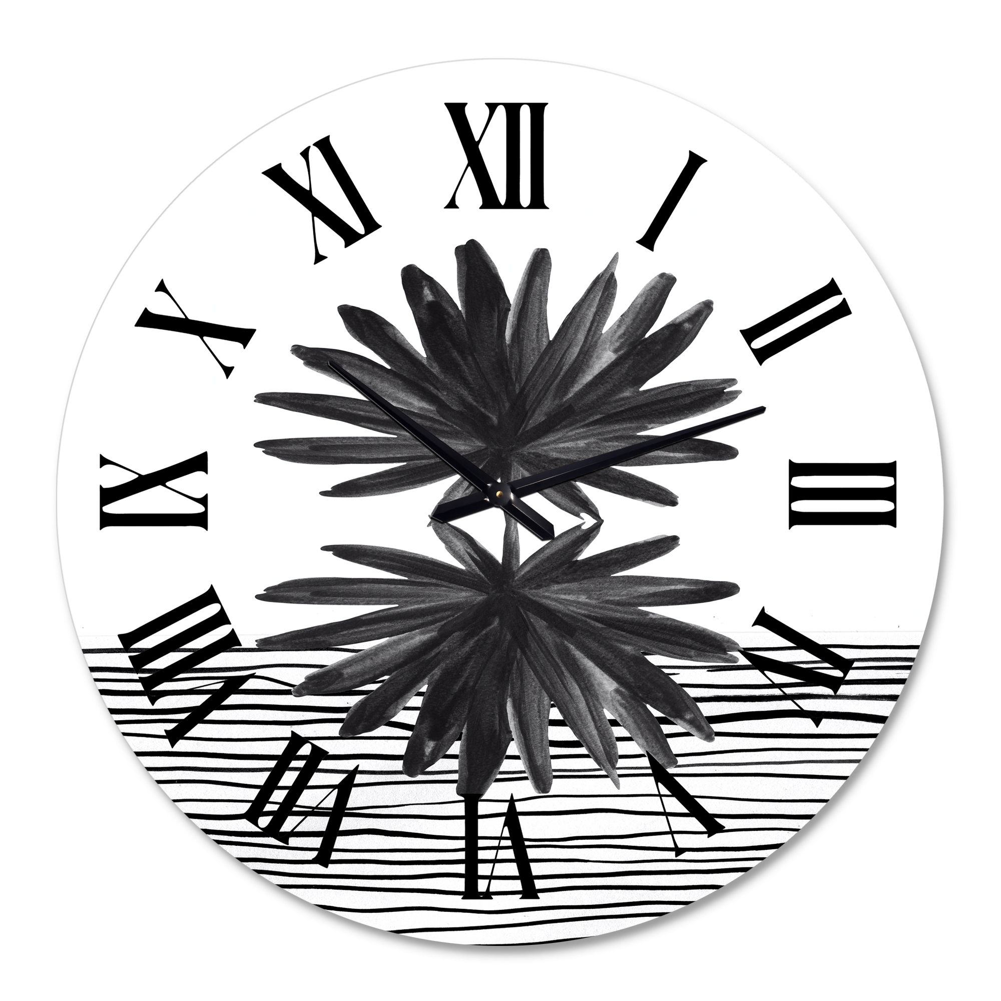 Designart 'Black And White Tropical Leaf On Striped Ii' Modern Wall Clock