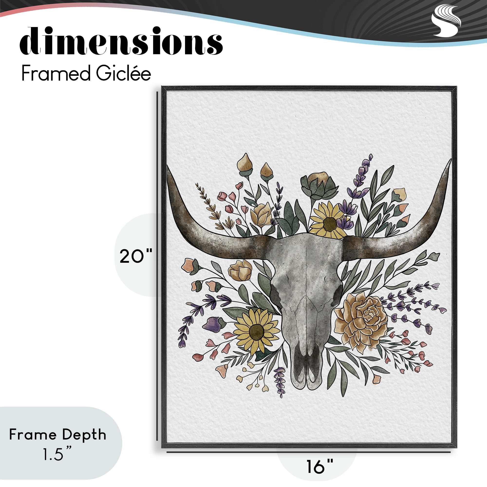 Stupell Industries Boho Wildflower Longhorn Black Framed Giclee Art, design by Alisha Kiara Design