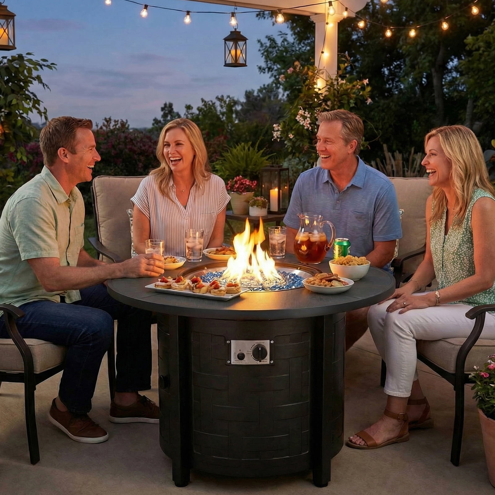 LIFERUN Propane Fire Pit Table 42 in, with Waterproof Cover, Blue Stone and Lid, 50,000 BTU Auto-Ignition Round Gas, for Outside Patio