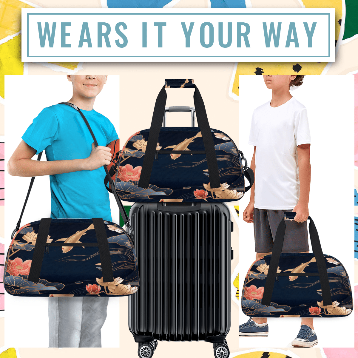 Herdesigns Sports Duffle Bags Travel Duffle Bag Gym Bag Floral Japanese Chinese Fish Weekender Travel Bag Waterproof Overnight Bag Carry On Travel Tote Bag Dance Bags
