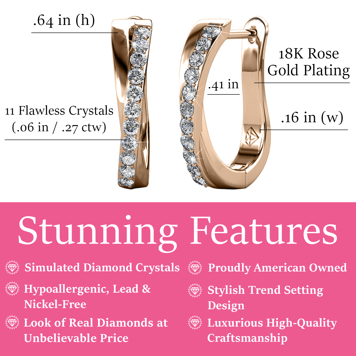 Cate & Chloe Amaya 18k Rose Gold Plated Hoop Earrings | Women's Crystal Earrings, Jewelry Gift for Her - image 5 of 9