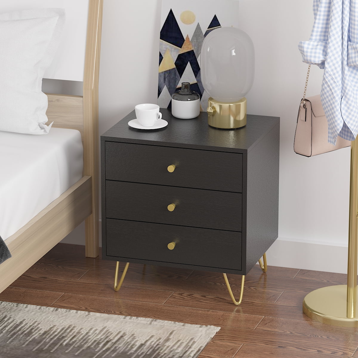 Nightstands Bedside Table with 3 Drawers, End Table with Gold Metal