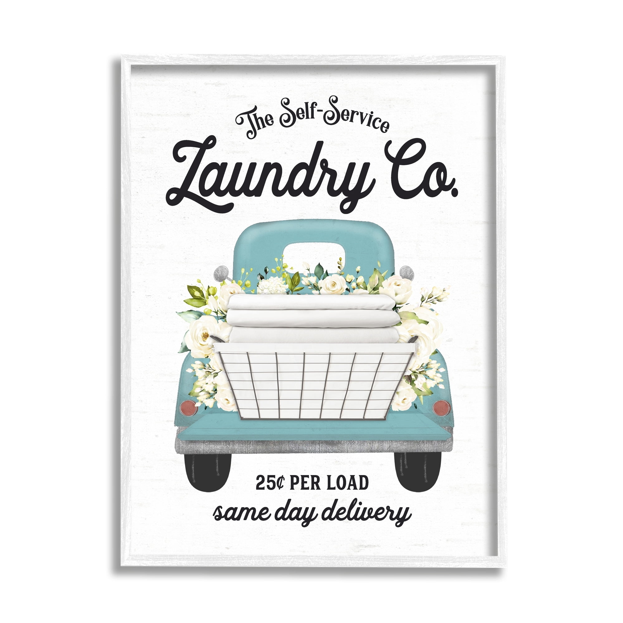 Stupell Industries Self Service Laundry Co. Antique Truck Flower Arrangement Graphic Art White Framed Art Print Wall Art, Design by Lettered and Lined