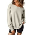 thumbnail image 2 of Women's Casual Fall Sweatshirts Crewneck Irregular Long Sleeve Tops Solid/Striped Print Loose Pullover with Pocket Gray M, 2 of 6