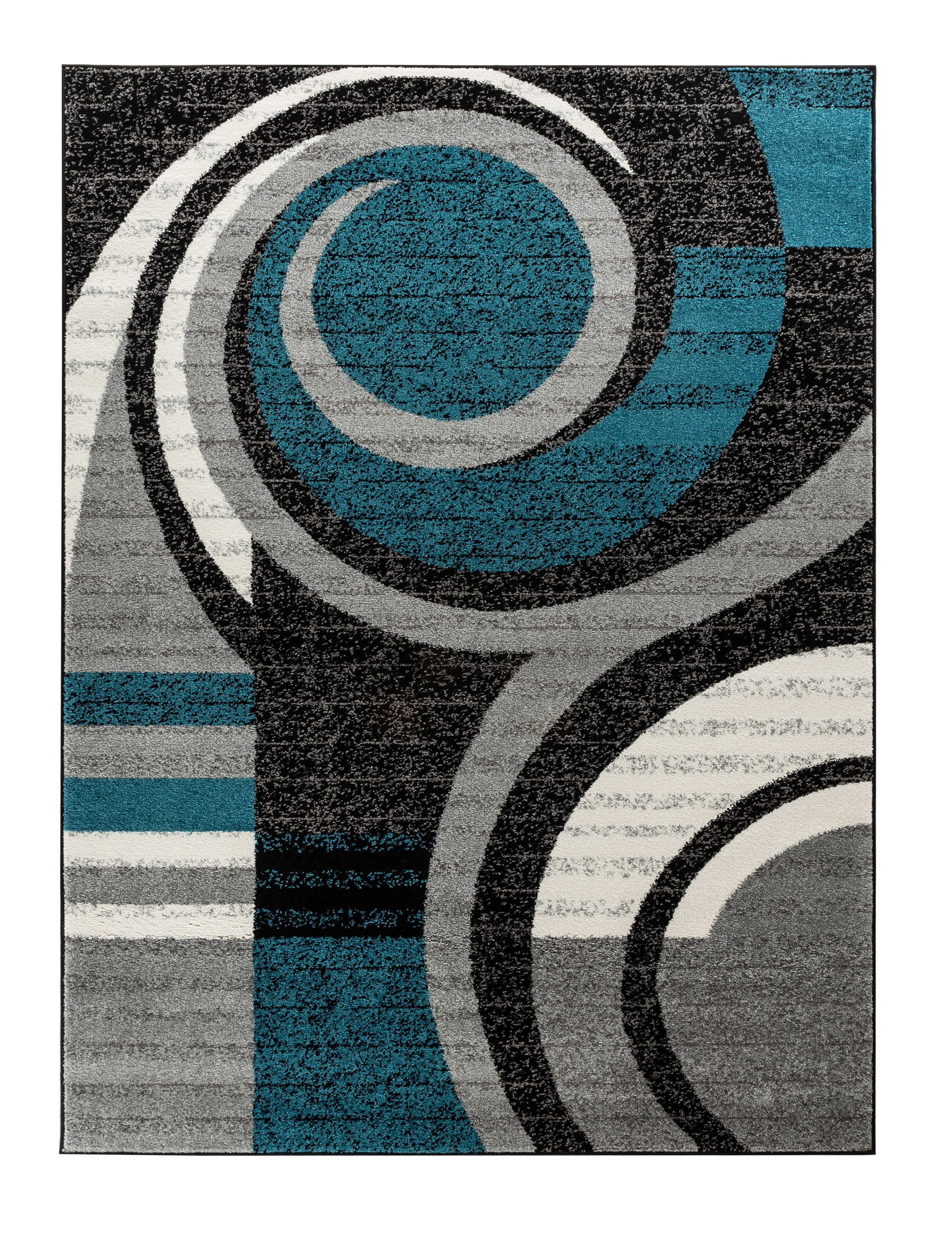 Oxford Collection Rugs Teal, Black, Grey, White, Swirls Retro Design