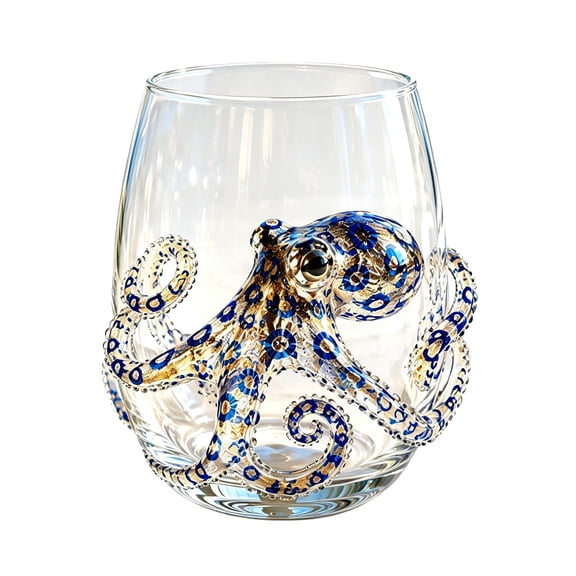 3D Ocean Animal Artisan Glassware Collection, Blue Ringed Octopus Stemless Wine Glass, Handcrafted Marine Bar Drinkware, 12 oz