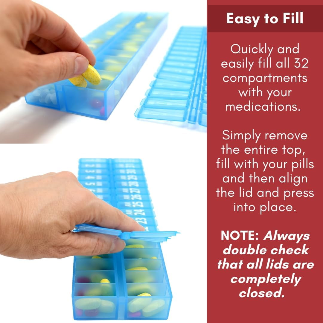 Twice-a-Day Monthly Pill Box Planner Set - AM & PM Medication Organizer for 31 Days (Clear/Blue)
