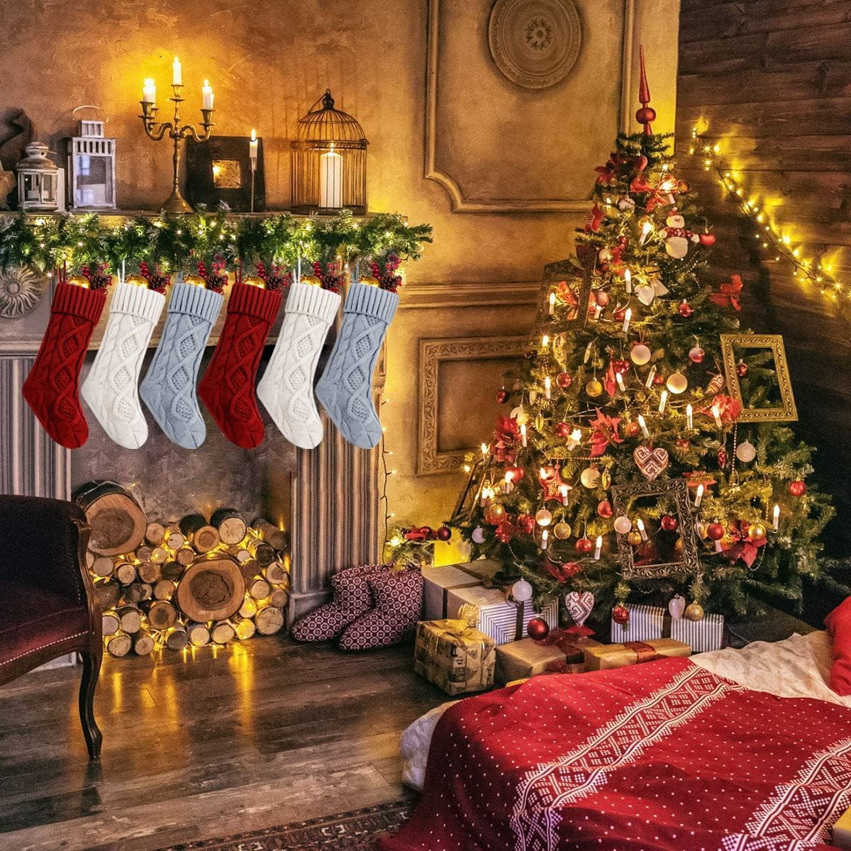 6 Pcs Christmas Stockings, 18 Inch Large Size Cable Knitted Stocking Gifts & Decorations for Family Holiday Xmas Party